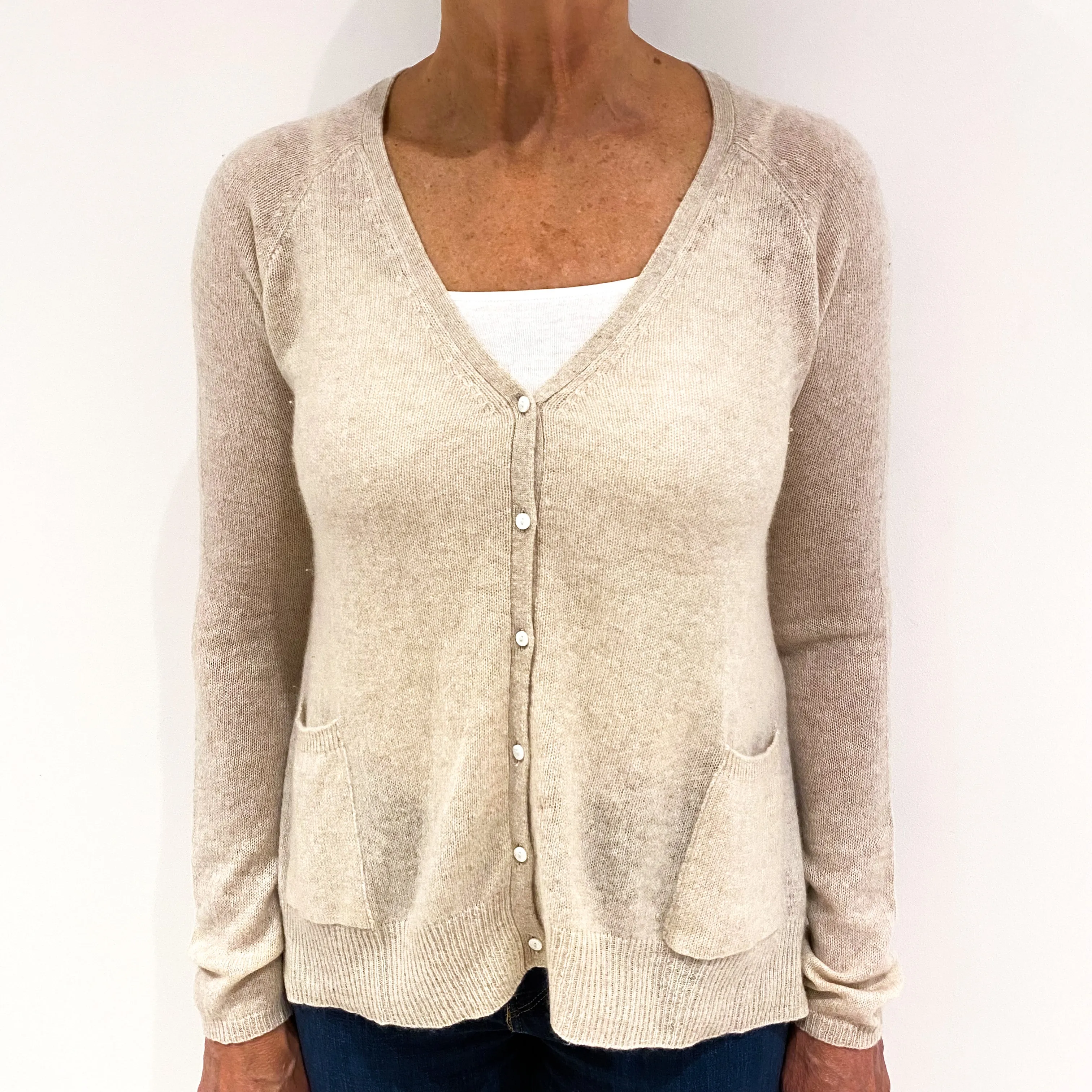 Biscuit Beige Cashmere V-neck Cardigan Medium