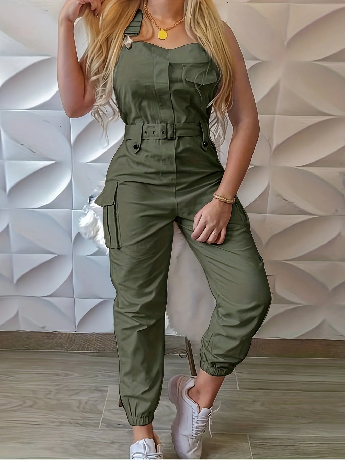 Casual Solid Color Belted Flap Pockets Jumpsuit