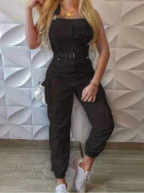 Casual Solid Color Belted Flap Pockets Jumpsuit