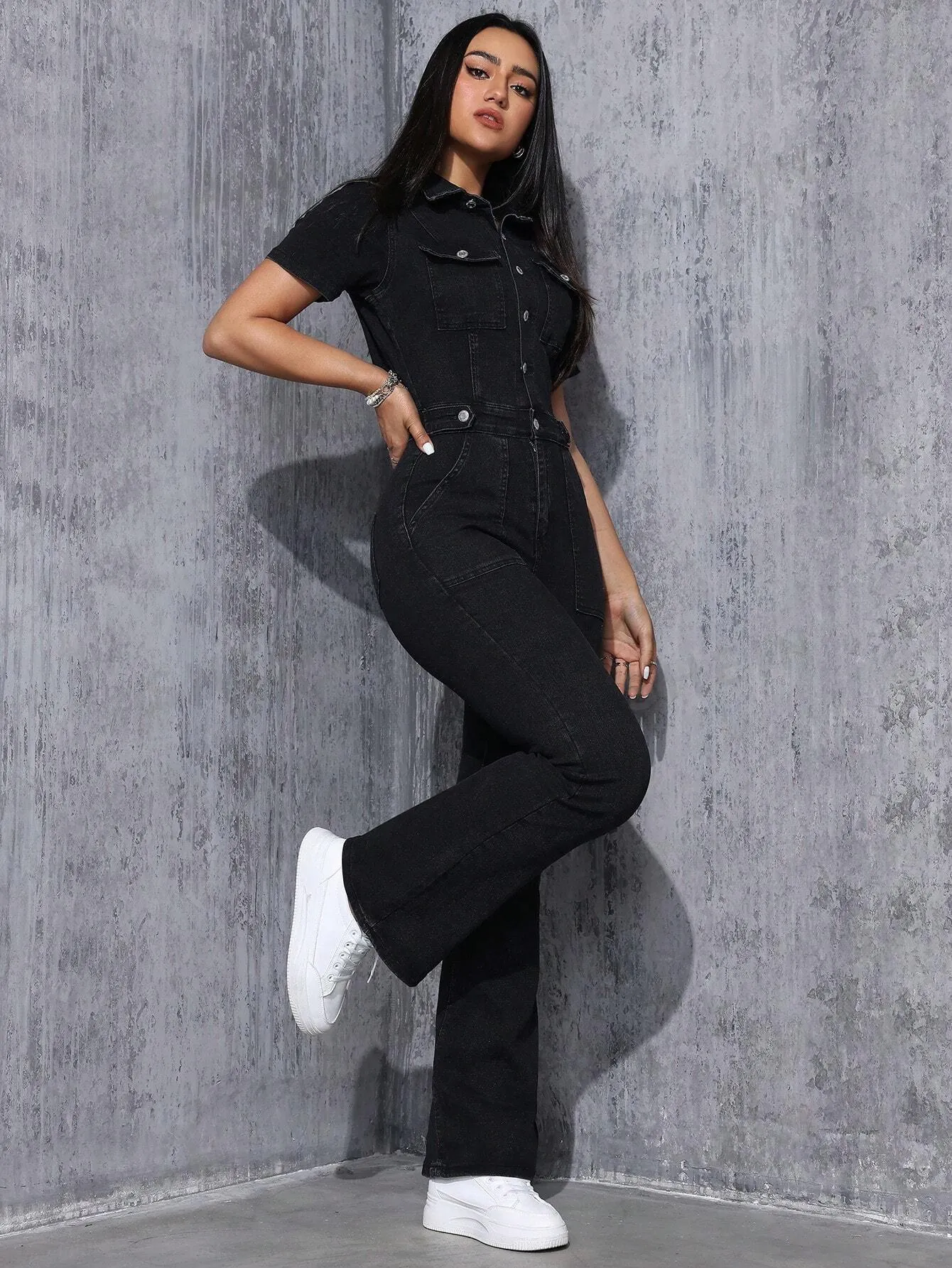 Denim Jumpsuit With Button Fly And Flared Legs SS24