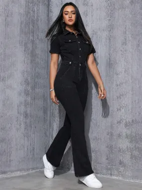 Denim Jumpsuit With Button Fly And Flared Legs SS24