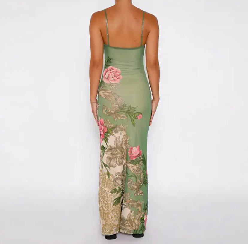 Floral V-Neck Bodycon Maxi Dress