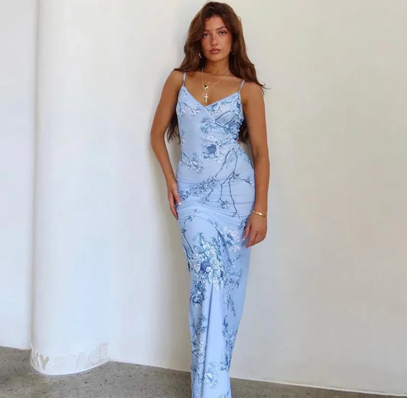 Floral V-Neck Bodycon Maxi Dress
