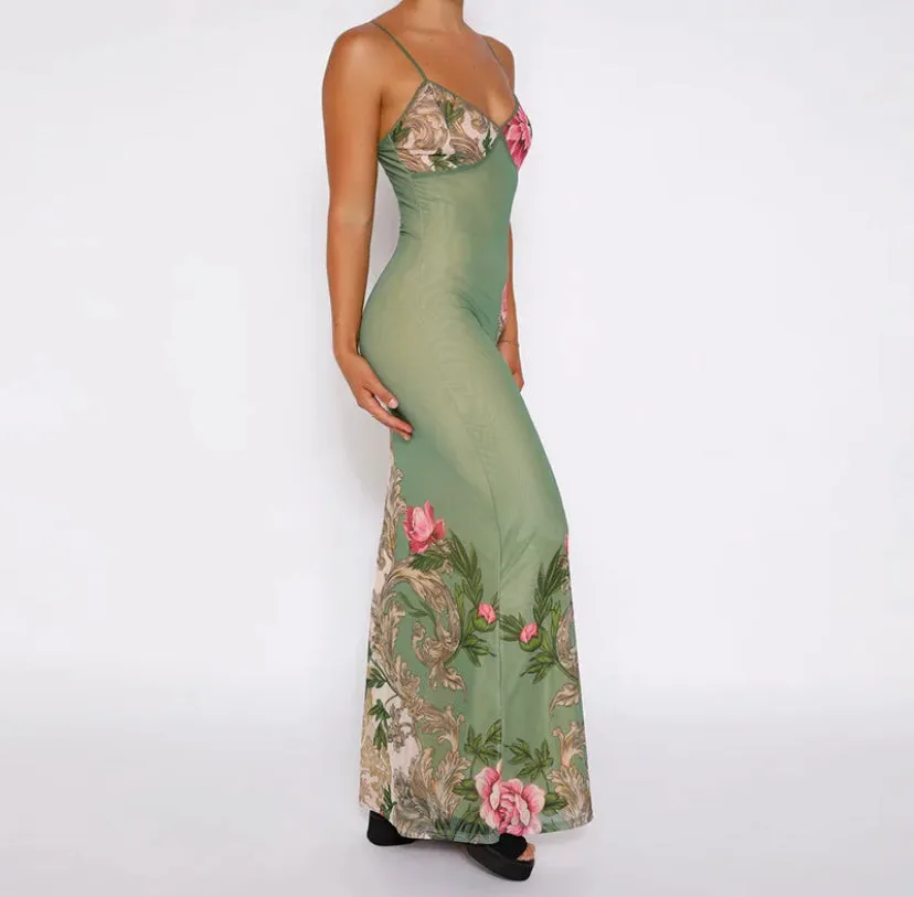 Floral V-Neck Bodycon Maxi Dress