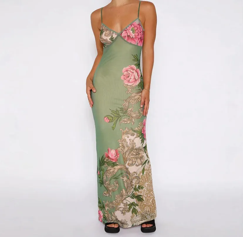 Floral V-Neck Bodycon Maxi Dress