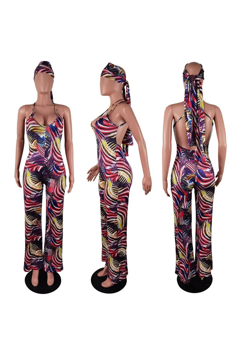JD882 Plunging Graphic Print Backless Cami Jumpsuit with Headscarf