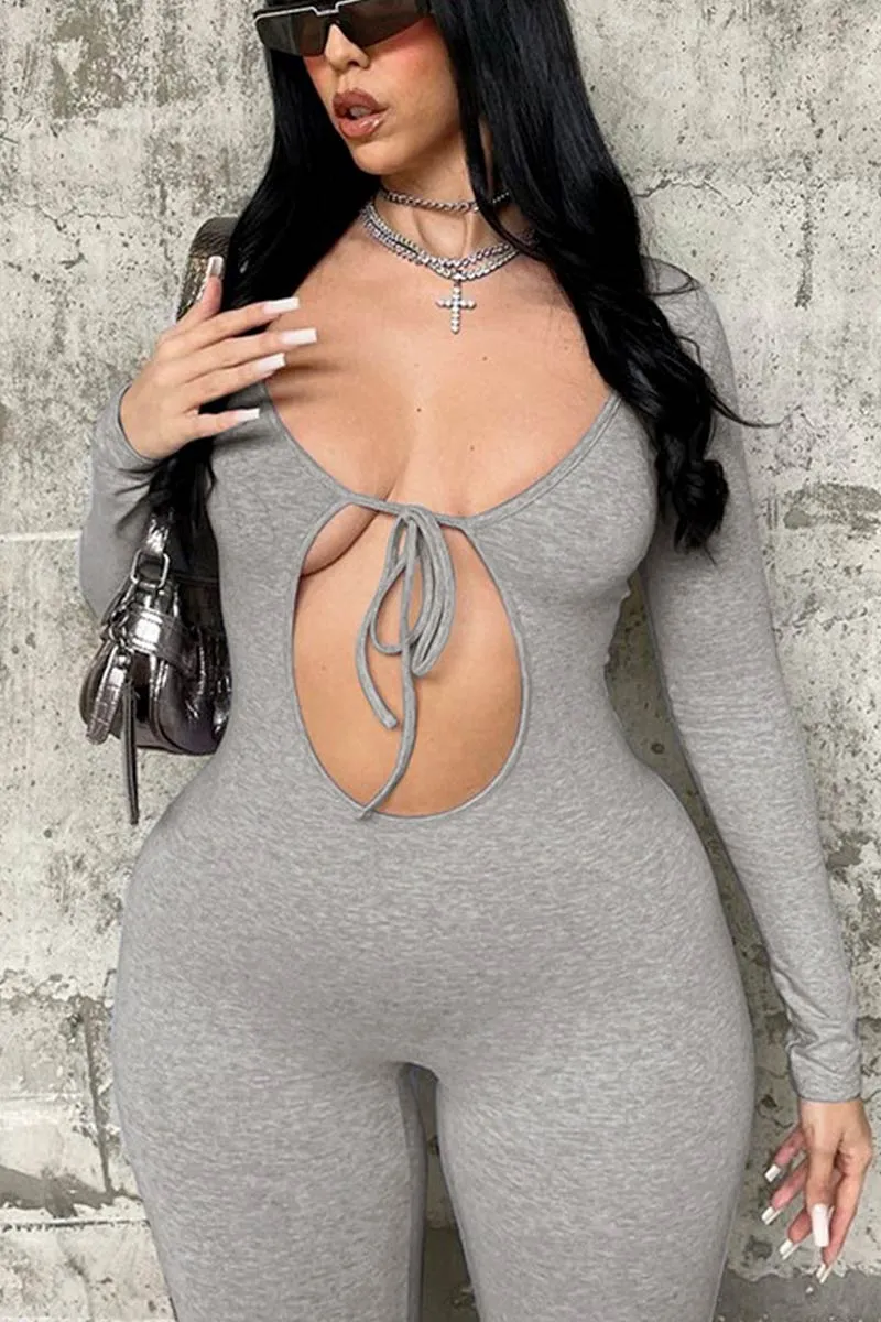 JI653 Solid Long Sleeves Cutout Jumpsuit