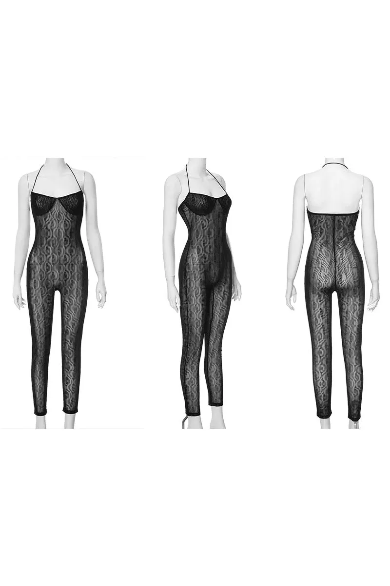 JK0664 Mesh Halter Jumpsuits