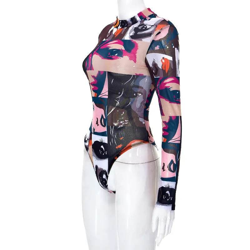 MB1005 Long Sleeve Turtleneck Mesh Bodysuits For Women Graphic Top Mesh Bodycon Jumpsuit