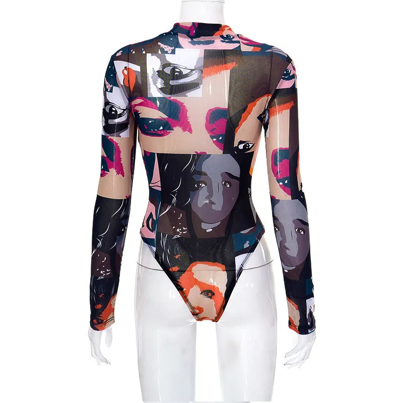 MB1005 Long Sleeve Turtleneck Mesh Bodysuits For Women Graphic Top Mesh Bodycon Jumpsuit