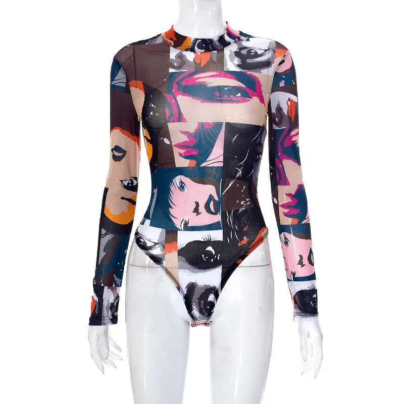 MB1005 Long Sleeve Turtleneck Mesh Bodysuits For Women Graphic Top Mesh Bodycon Jumpsuit