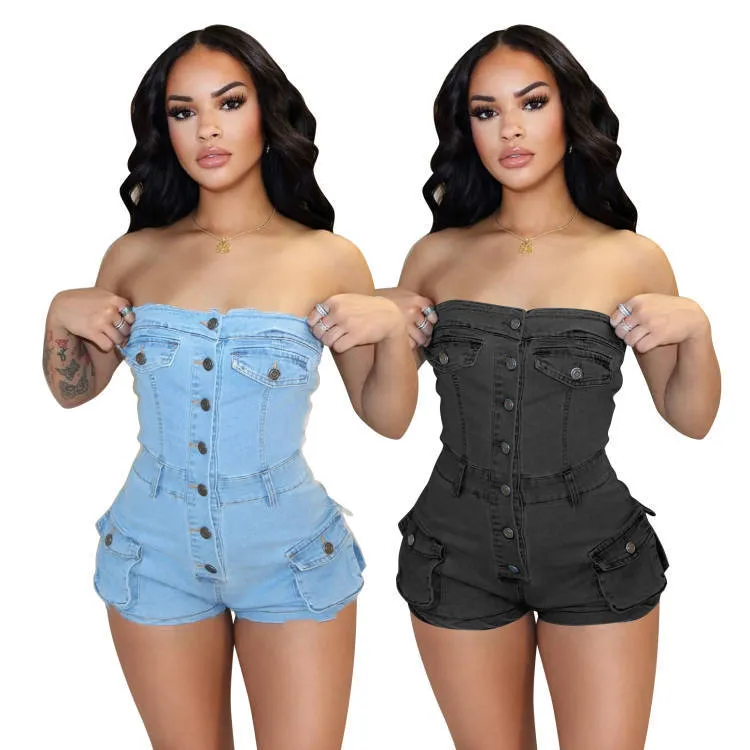 MB2006 Summer new denim jumpsuit for women strapless pockets jeans rompers sexy bodycon plus size jumpsuit for lady women