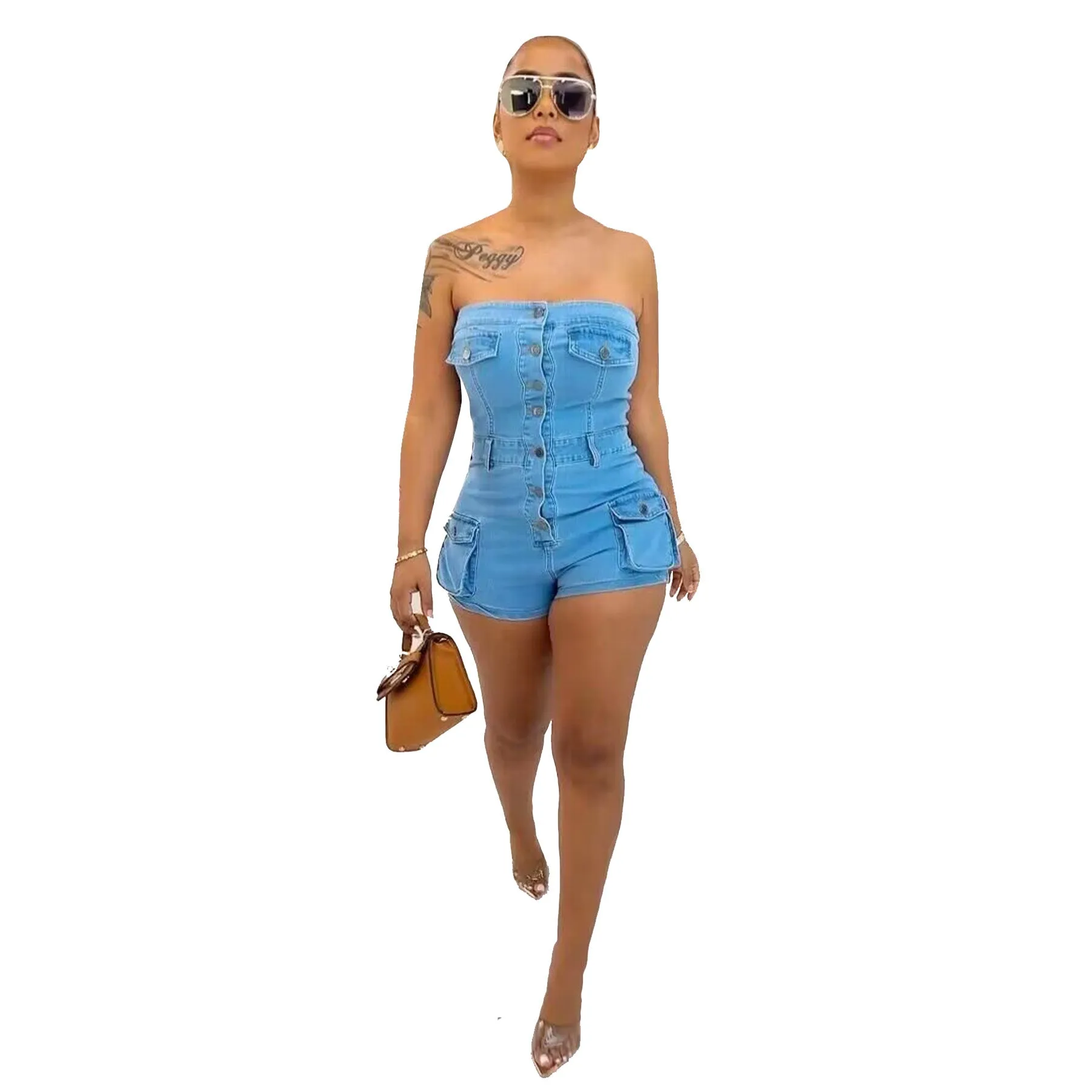 MB2006 Summer new denim jumpsuit for women strapless pockets jeans rompers sexy bodycon plus size jumpsuit for lady women