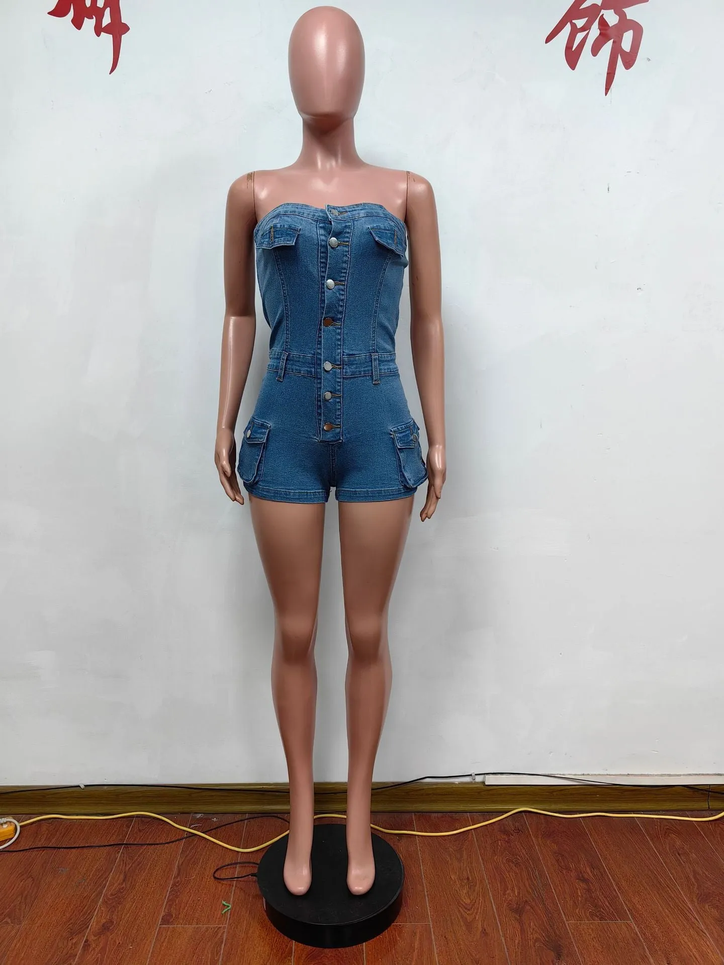 MB2006 Summer new denim jumpsuit for women strapless pockets jeans rompers sexy bodycon plus size jumpsuit for lady women