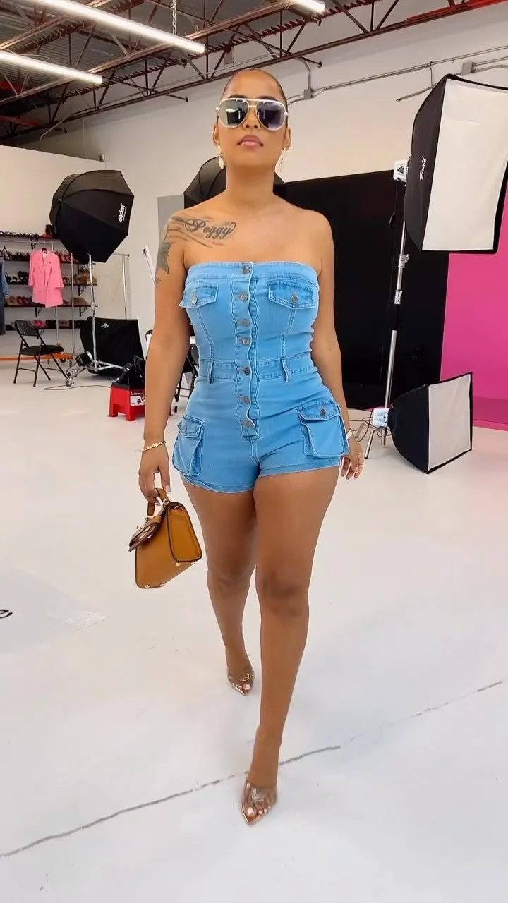 MB2006 Summer new denim jumpsuit for women strapless pockets jeans rompers sexy bodycon plus size jumpsuit for lady women