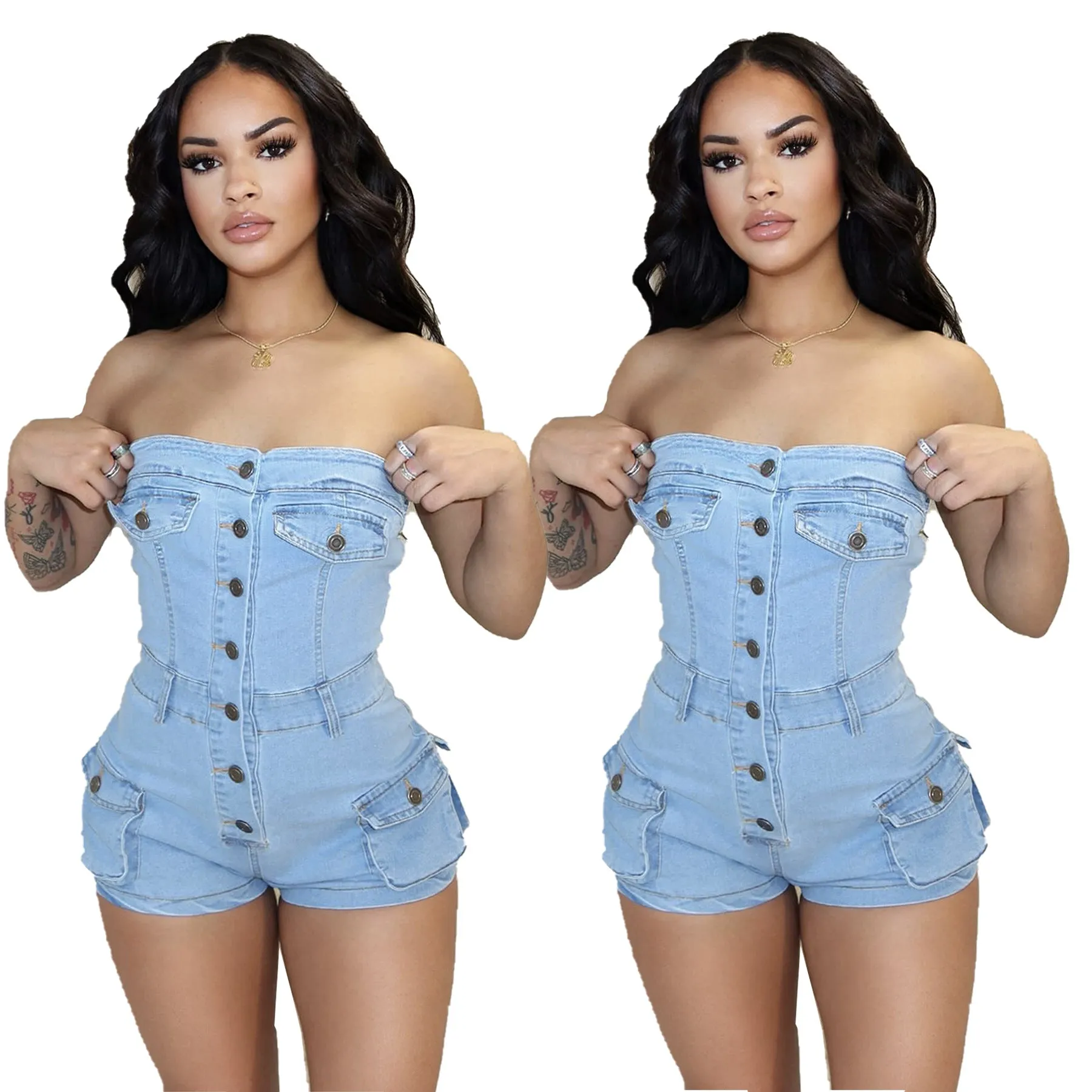 MB2006 Summer new denim jumpsuit for women strapless pockets jeans rompers sexy bodycon plus size jumpsuit for lady women
