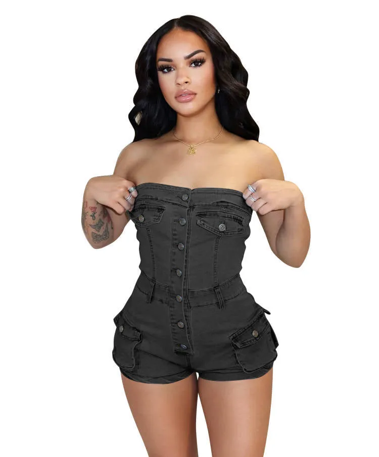 MB2006 Summer new denim jumpsuit for women strapless pockets jeans rompers sexy bodycon plus size jumpsuit for lady women