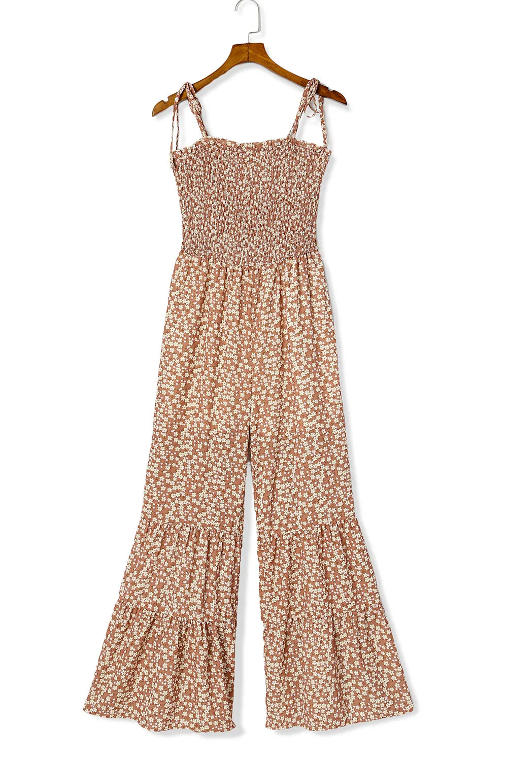Phalaenopsis Floral Thin Straps Smocked Bodice Wide Leg Jumpsuit