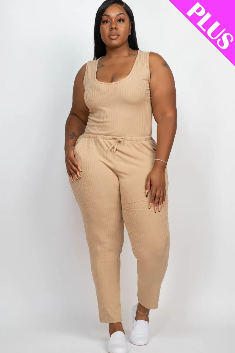 Plus Size Ribbed Sleeveless Drawstring Jumpsuit