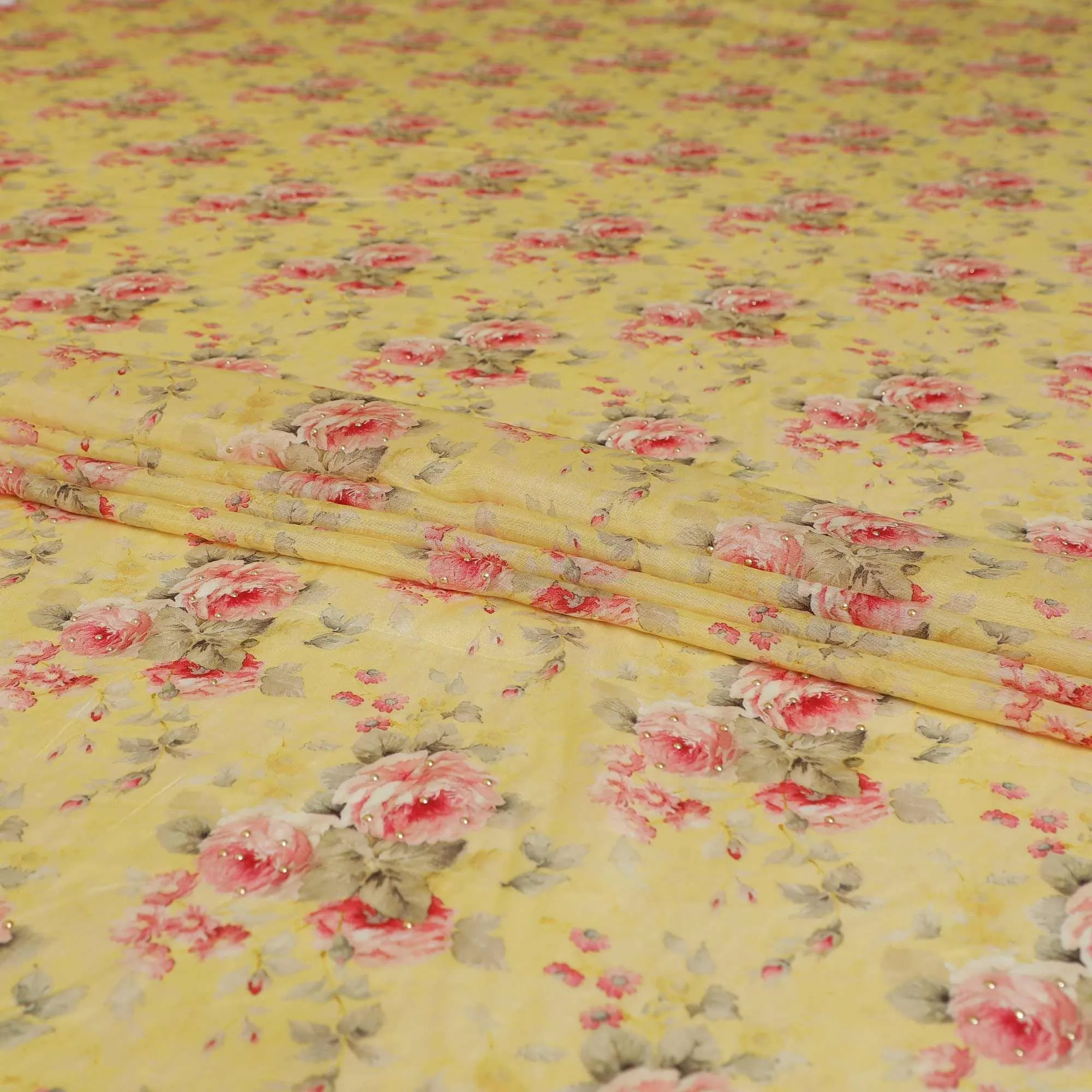 Sunflower yellow viscose fabric with hot pink, pale brown print having gold laminated stone work in floral design-D9262