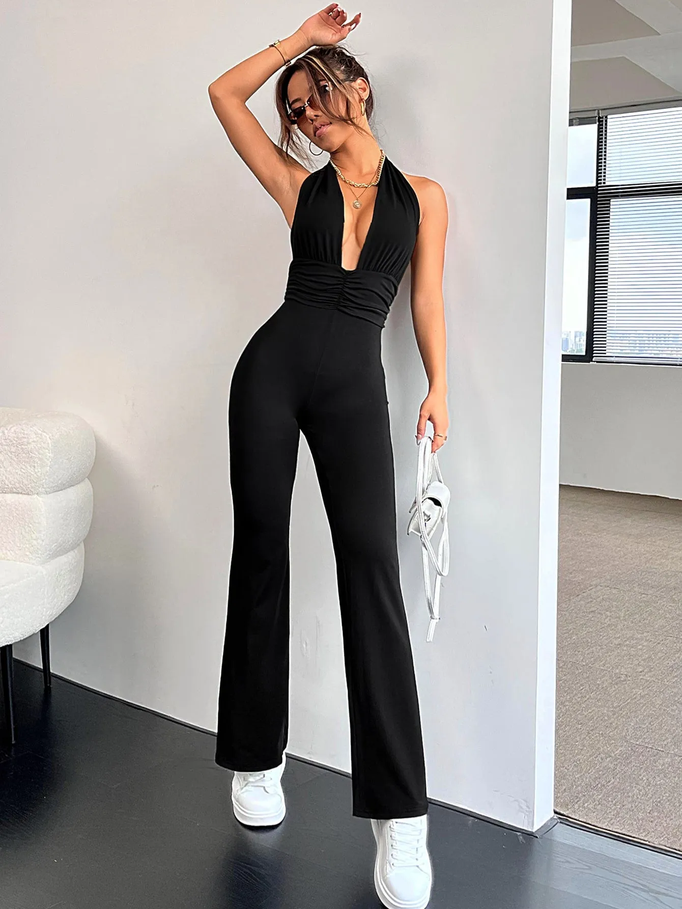Tie Backless Ruched Halter Jumpsuit SS23