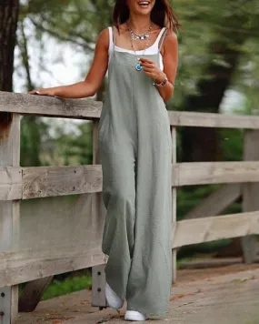 Women's Plain Sleeveless Summer Jumpsuit with Wide Legs and Pockets | Ideal for Spring/Summer